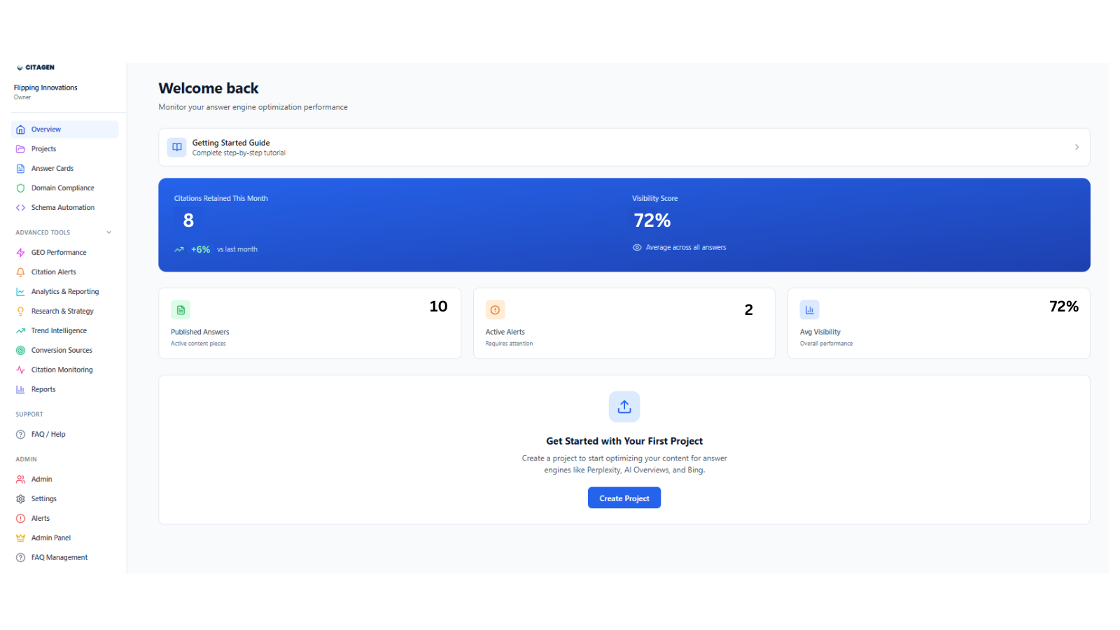 CITAGEN Dashboard - Complete Overview with 8 Citations Retained, 72% Visibility Score, 10 Published Answers, and Active Project Management